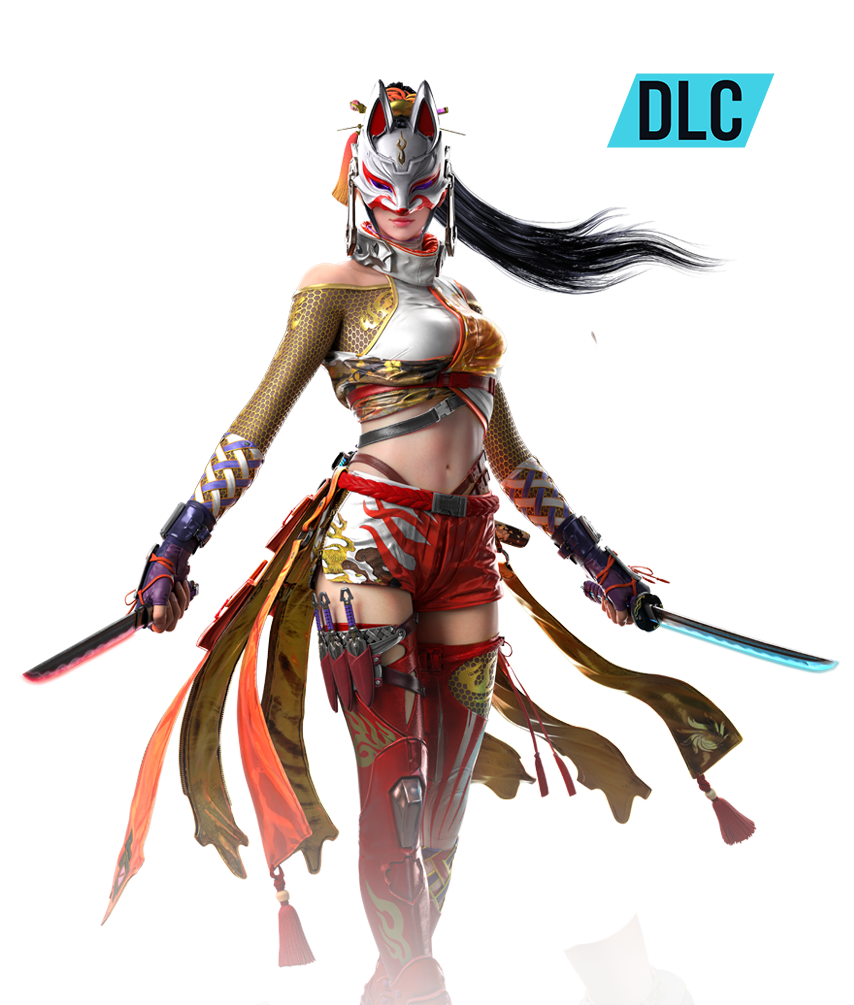 TEKKEN 8 DLC character art of Kunimitsu with dual blades and kitsune mask on transparent background