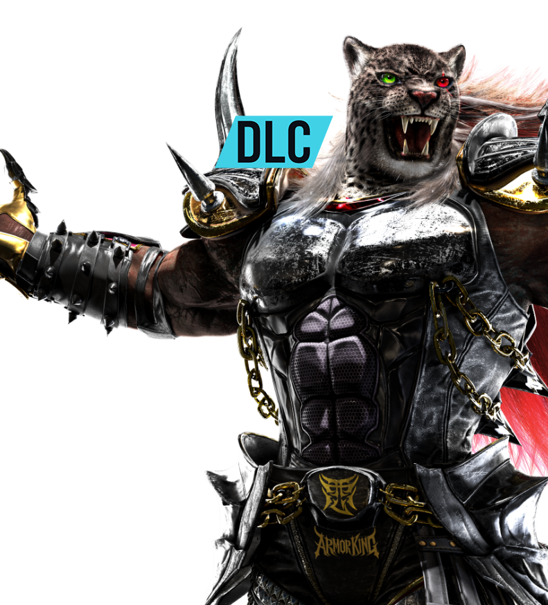 Armor King DLC character with leopard mask and spiked gauntlets in aggressive pose for Tekken 8 game