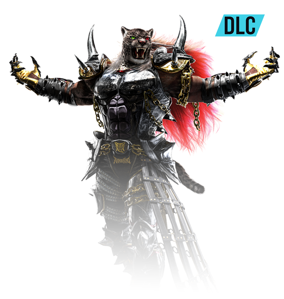Armor King DLC character in battle stance with ornate armor and chains in Tekken 8 fighting game