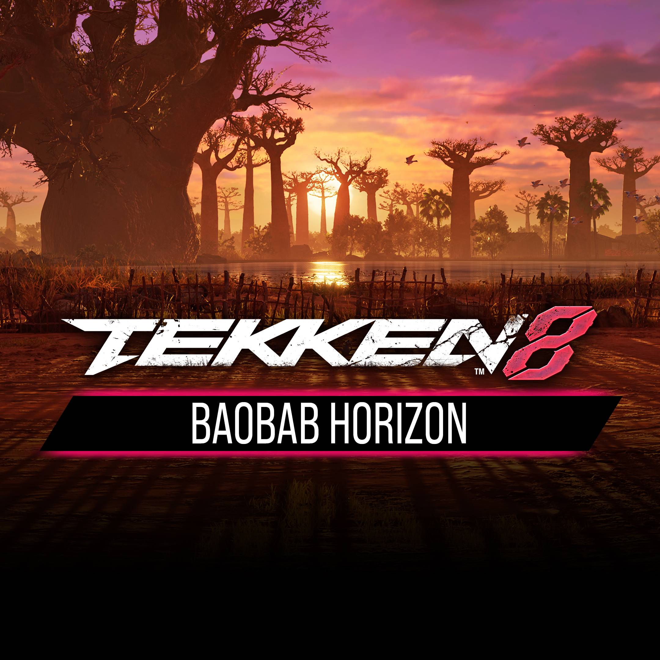 Tekken 8 Baobab Horizon battle stage with sunset over Madagascar-inspired landscape and baobab trees
