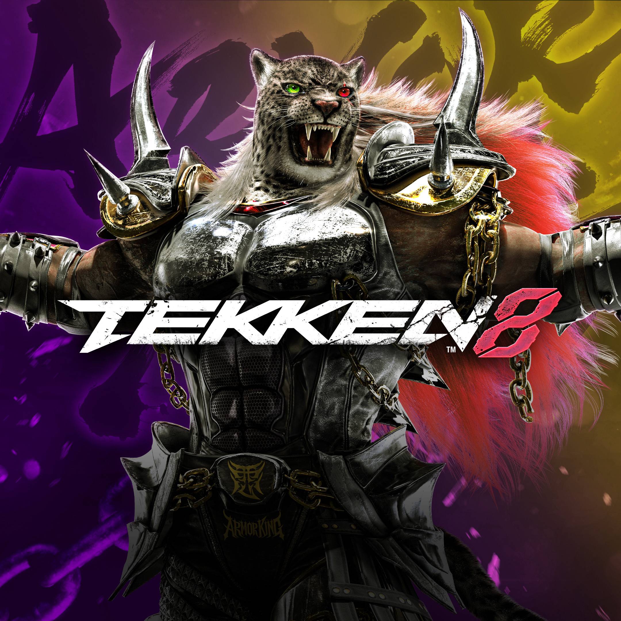 Armor King character art in fierce battle stance wearing ornate armor with Tekken 8 logo displayed