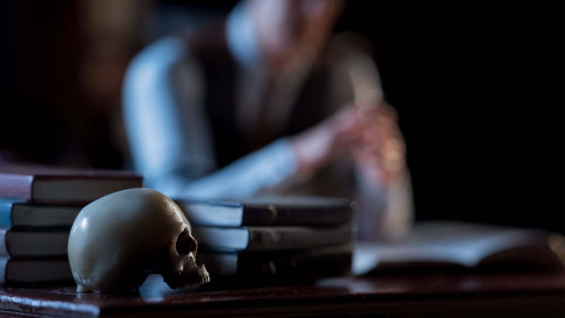 The books and the skull on the Curator's desk