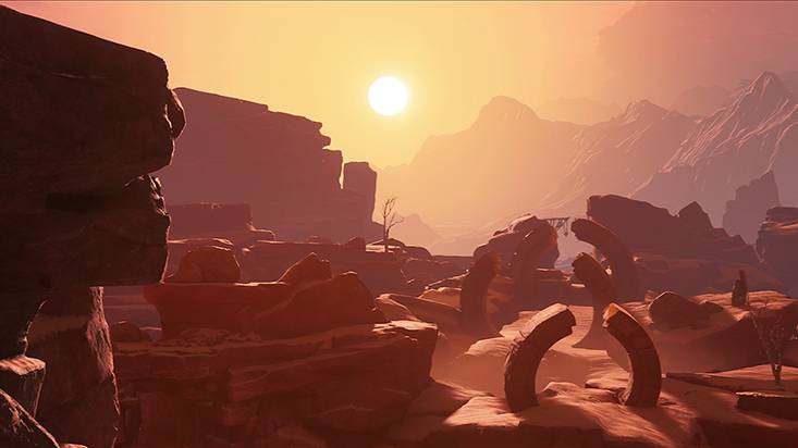 Una veduta del sole che tramonta sul deserto della Mauritania nel videogioco Unknown 9: Awakening.