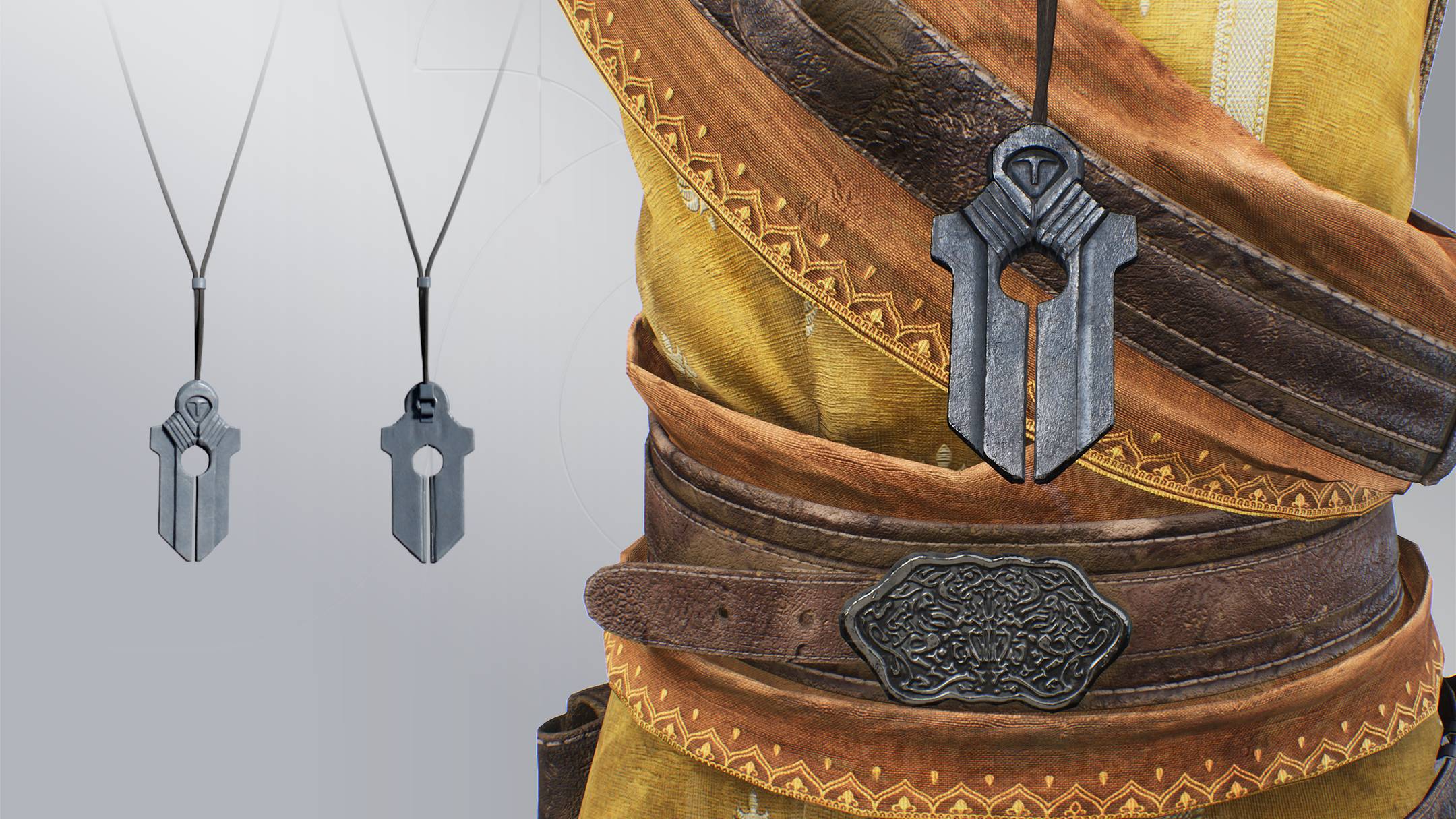 Haroona's prized amulet, made of an unknown metal and shaped to resemble a hooded figure hovering over what looks like a keyhole. 