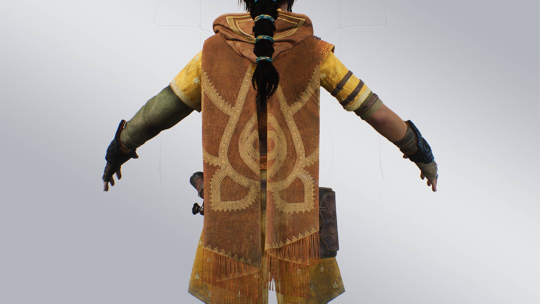 A view of the back of Haroona's outfit, including her cape and hood as well as her leather arm straps and belt pouch.