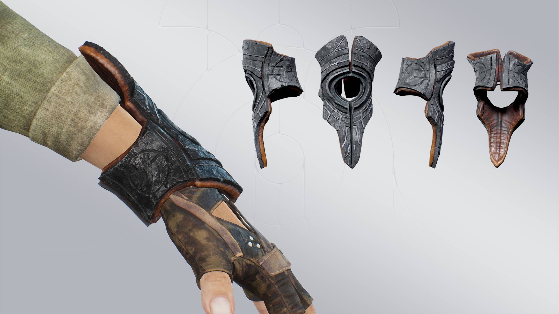 Haroona's outfit accessories include a fingerless glove, Shade bracers made of an unknown metal, and her radio. 