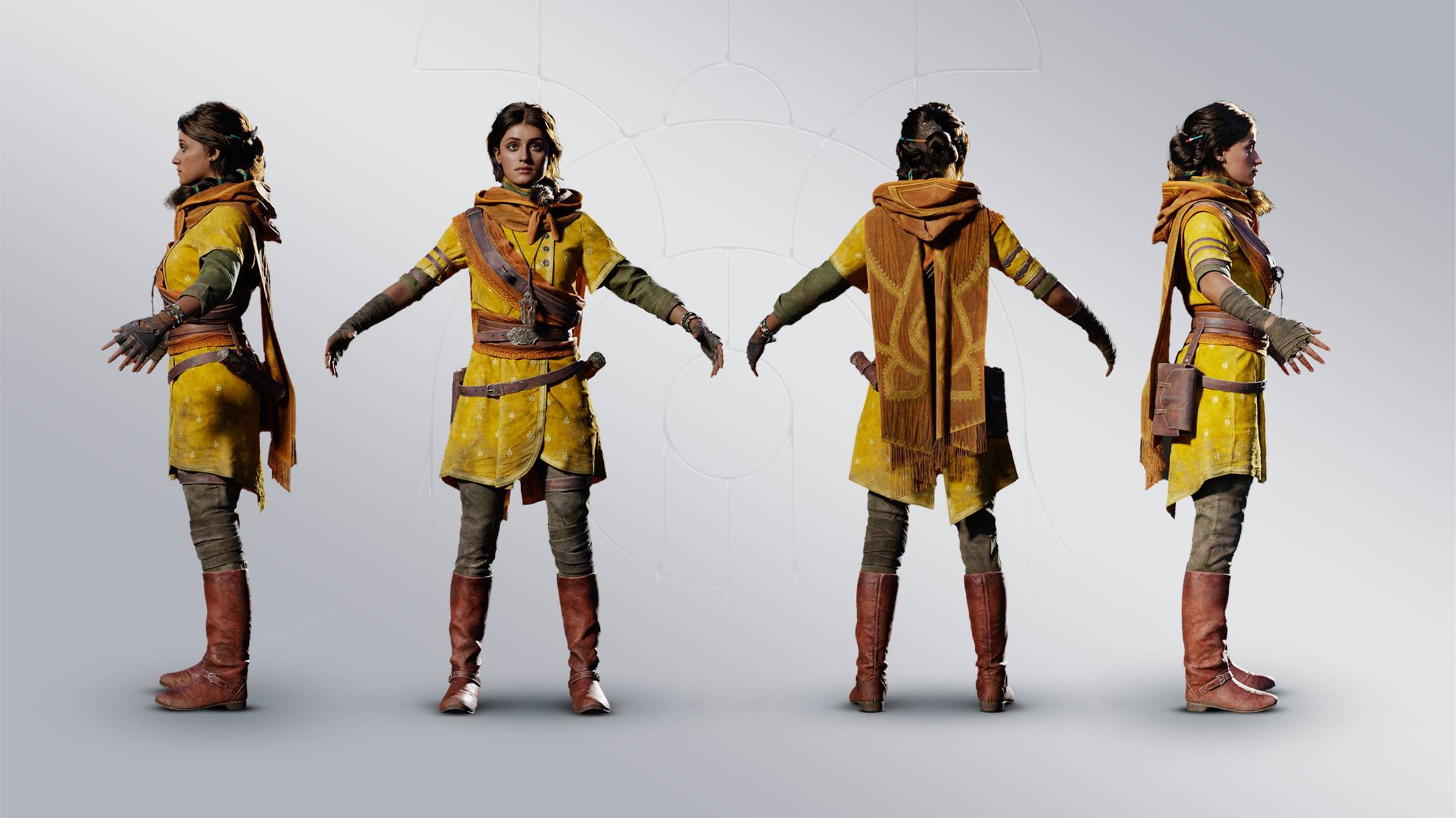 Four full-body renders showing the front, back and profile of Unknown 9: Awakening heroine, Haroona.
