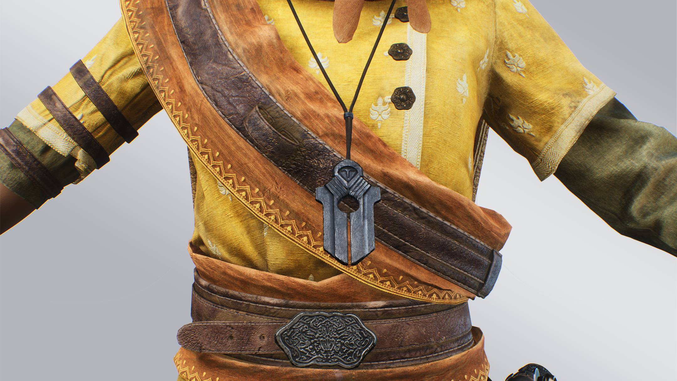 A closeup of the fabric used to create Haroona's outfit as well as her accessories.  