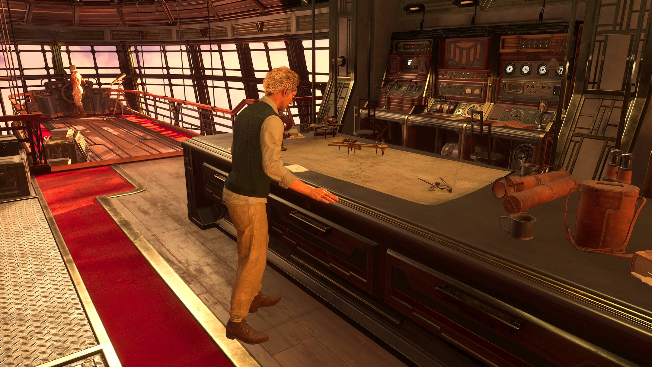 Una imagen de la cabina del Morning Star, donde su piloto tripula el dirigible mientras su oficial de derrota consulta un mapa.