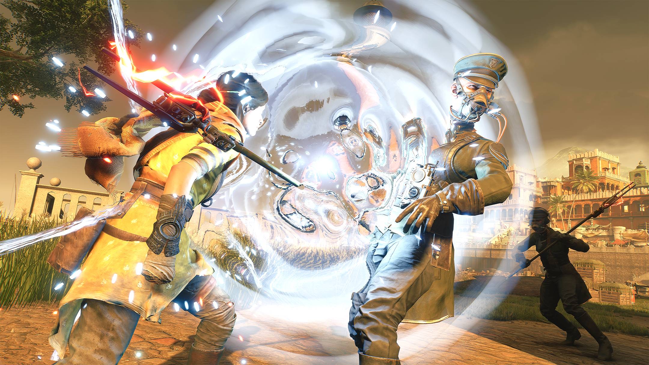 Haroona uses her Umbric shield to fend off an enemy attack, injuring him in the process.
