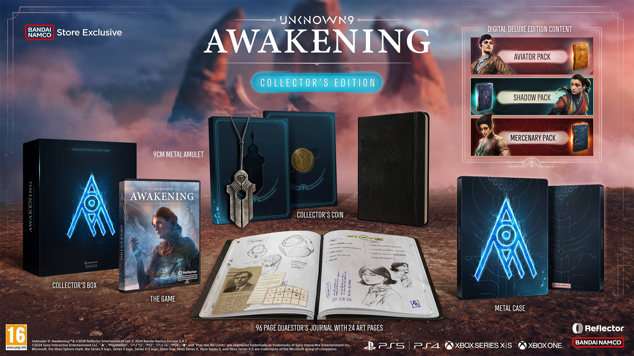 Unknown 9: Awakening Collector's Edition offering, including an amulet, a journal, a coin, and a game case.