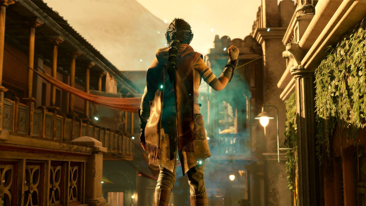 Unknown 9: Awakening's heroine, Haroona, holds her fist up as she looks out over an alleyway.