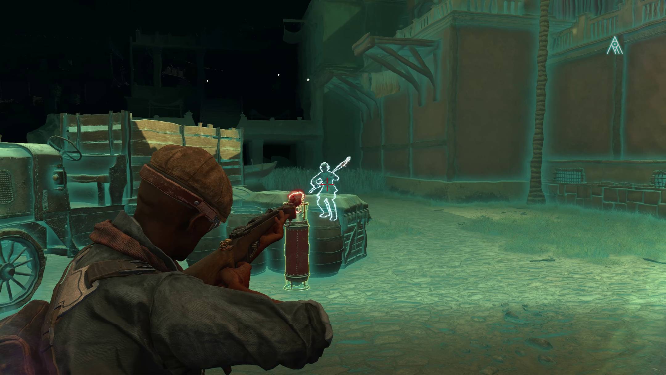 Haroona is Stepped into an Ascendant soldier and taking aim at an enemy.