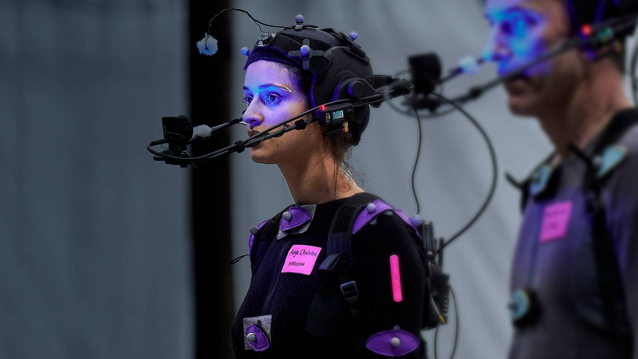 Anya Chalotra in motion capture gear, filming for Unknown 9: Awakening.