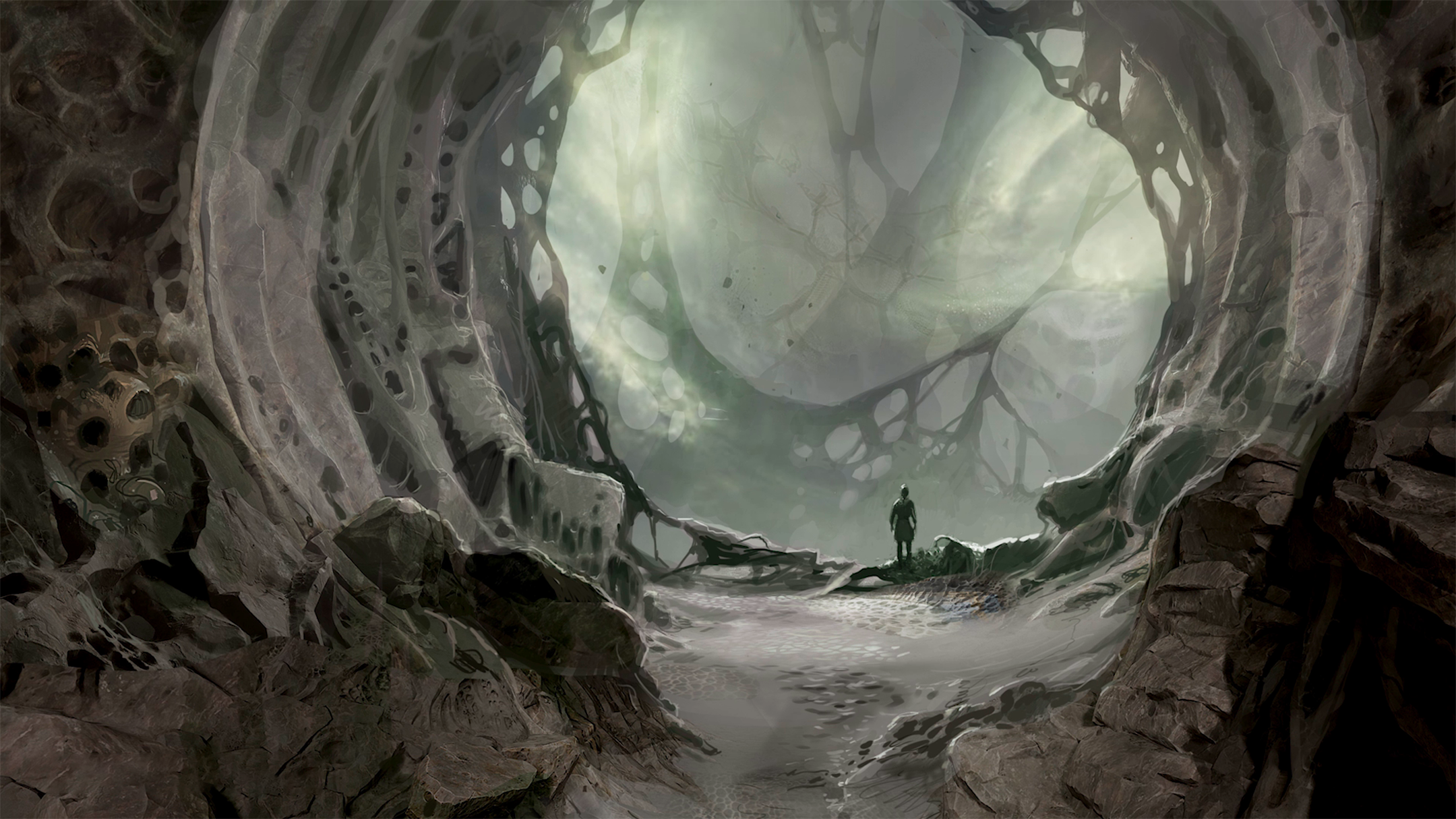 The entrance to a dark cave.