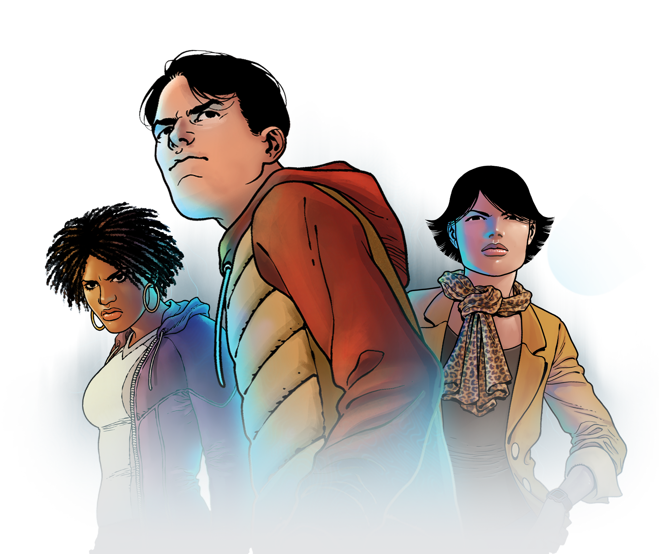 Les personnages principaux de la série de comics Unknown 9: Torment : Neeka, Jaden et Hannah